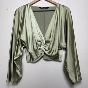 Zara Women Crop Satin Top Large Sage Green Bell Sleeve Twist Front Western Boho